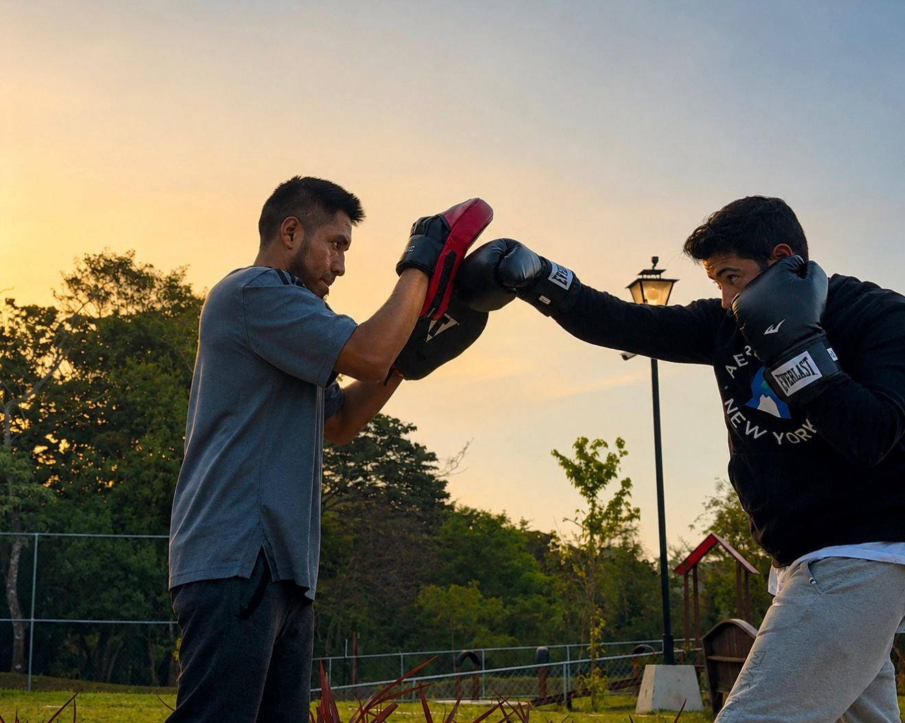 Coach Manuel Méndez entrenando con manoplas al atardecer